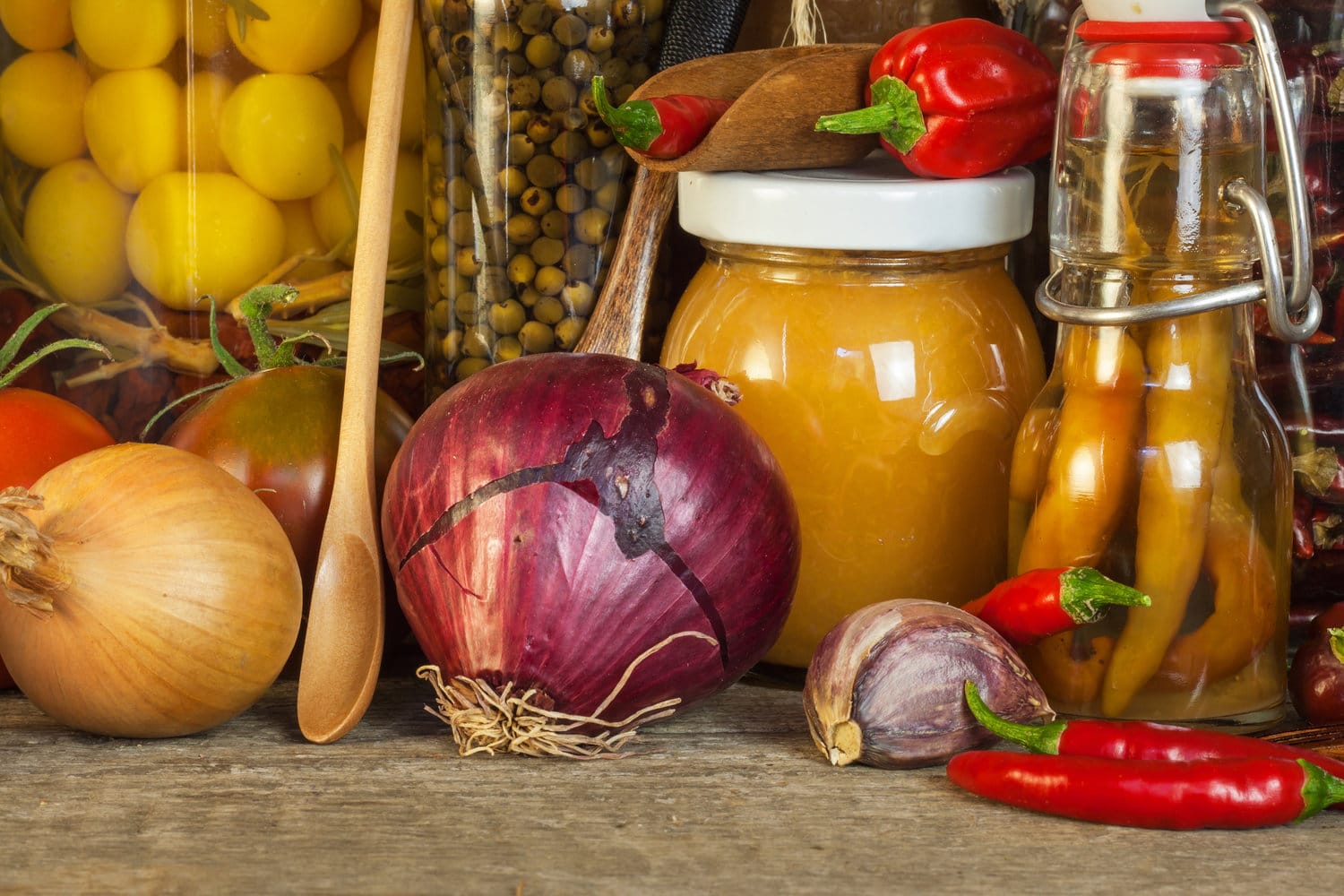 Kitchen table and cooking ingredients