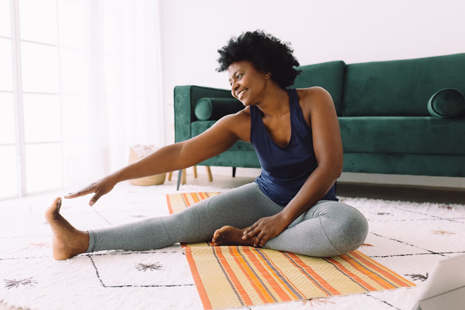 Doing stretching at home.