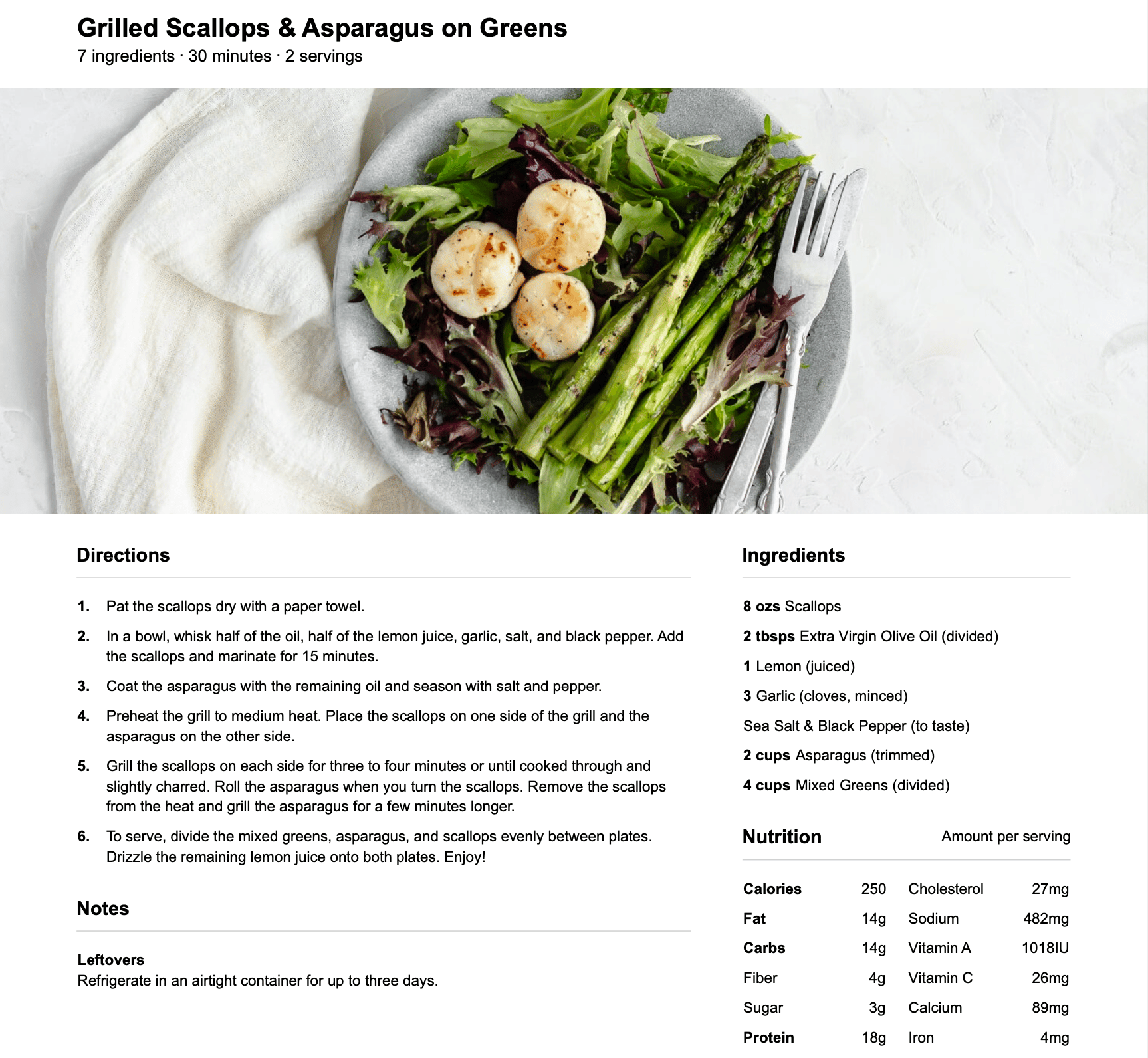 Grilled scallops & asparagus on greens diet recipe loss weight